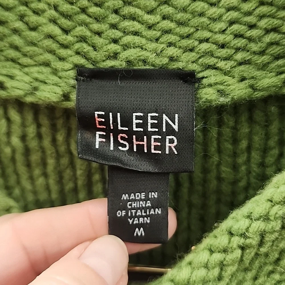 Eileen Fisher green merino wool chunky long cardigan size Medium - Picture 2 of 8